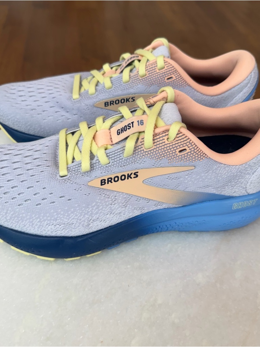 Women's Brooks Ghost 16 Haze/ Blueprint/ Peach Running Shoes Size 8 1/2 New